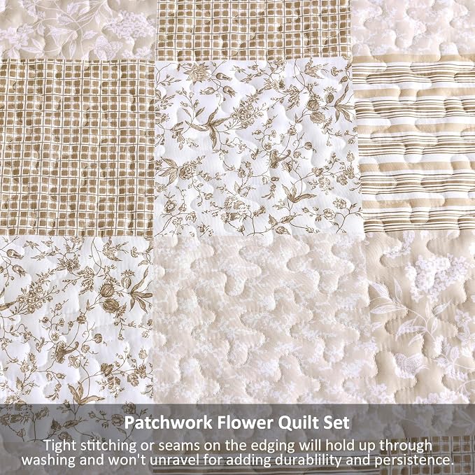 Mybedsoul Beige Boho Quilt Set Twin Size Dorm Bedding, 2 Pieces Plaid Floral - Image 6