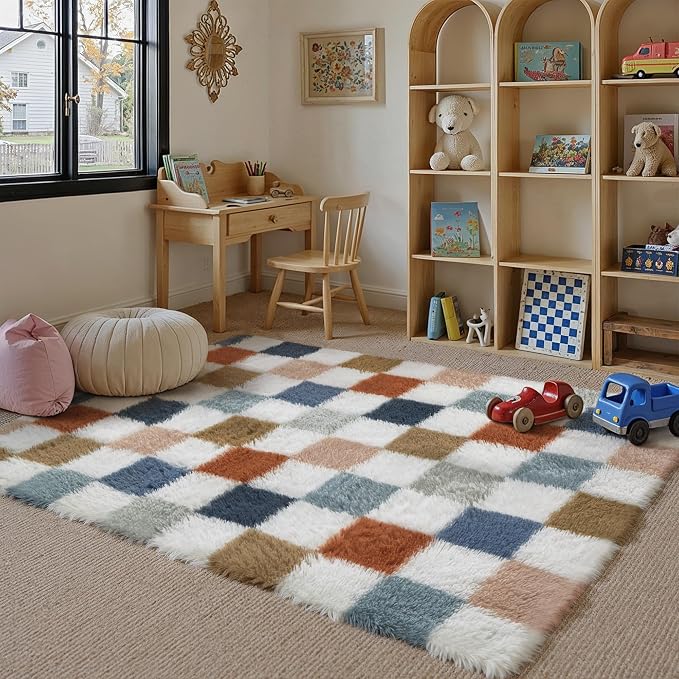 Checkered Area Rug 4x6 for Kids Room Soft Fluffy Shag Carpet | Machine Washable - Image 4