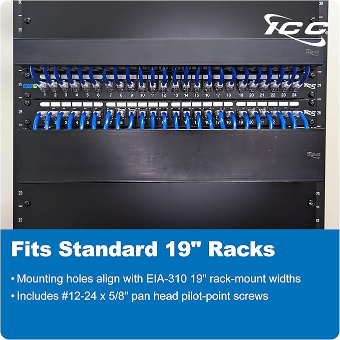 ICC 2U Finger Duct Cable Manager Panel with Cover, Plastic with Metal Back Frame, 3" Depth, Horizontal Cable Management, Rackmount for 19” Network Racks, Black, Single Pack