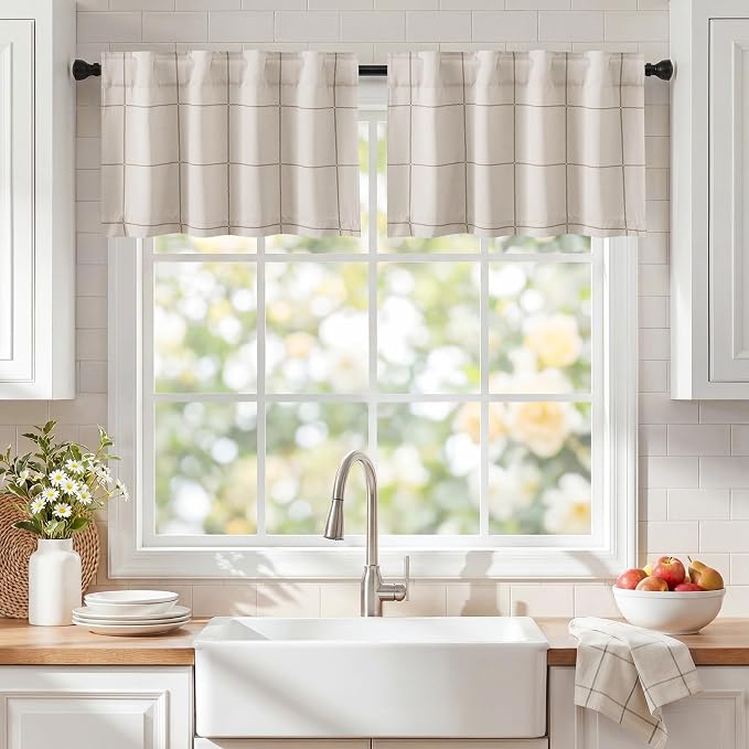 NICETOWN 100% Blackout Taupe Plaid Valances, 2 Panels | Rod Pocket & Back Tab - Image 2