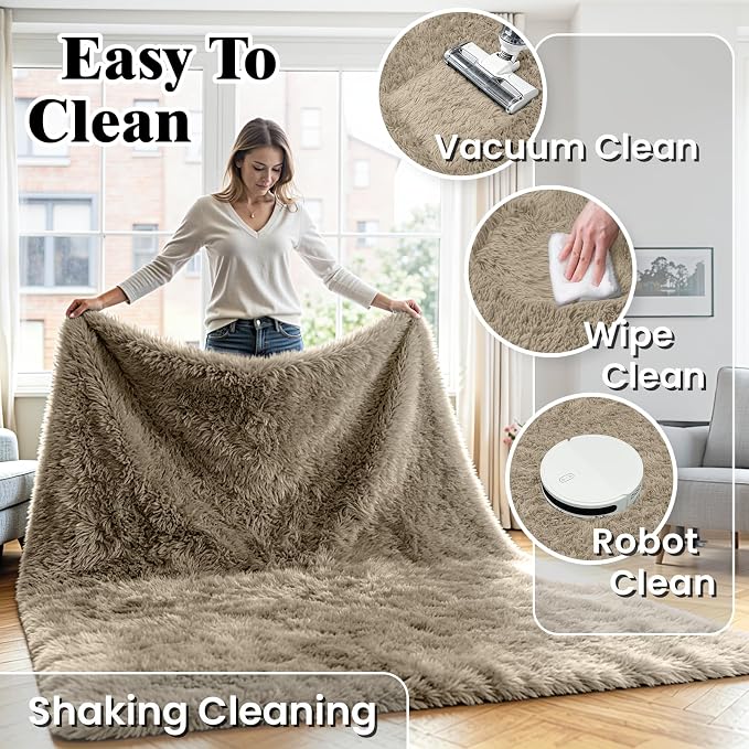 8x10 Fluffy Area Rug for Living Room: Non-Slip Grey Camel Bedroom Carpet | - Image 6