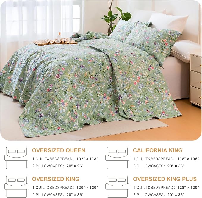 QSH 3Pcs Green Floral Quilt Oversized Queen Size -100% Cotton Quilt Oversized - Image 5