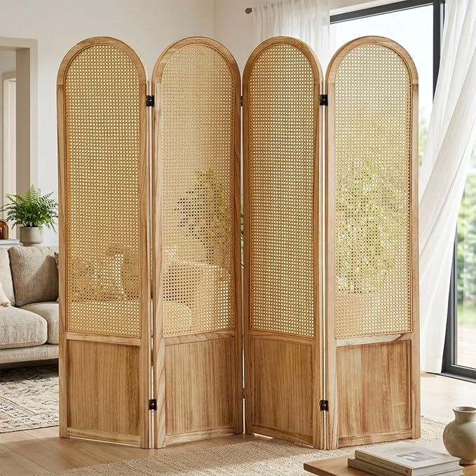 4 Panel Rattan Room Divider Screen, Boho Folding Privacy Screen | Decorative - Image 9