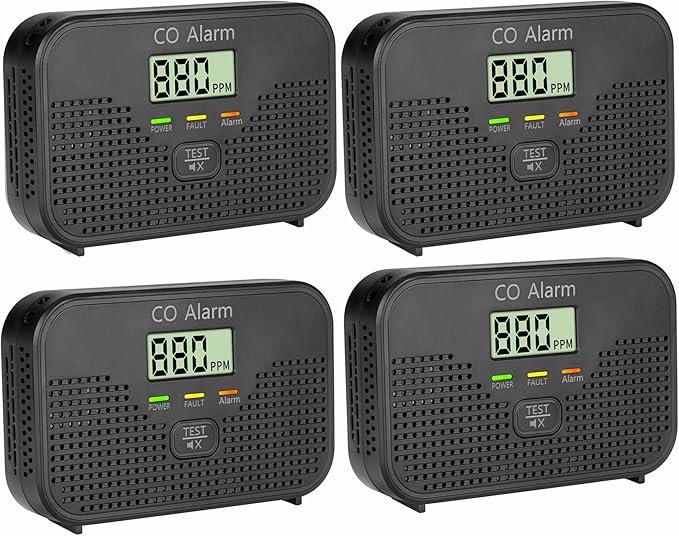 Carbon Monoxide Detector Powered by AA Battery (not Included),CO Monitoring Alarm with LCD Display Screen, Used for Home Basement Kitchen, Hotel Garage, Bedroom, Living Room Voice Alarm 4 Pack