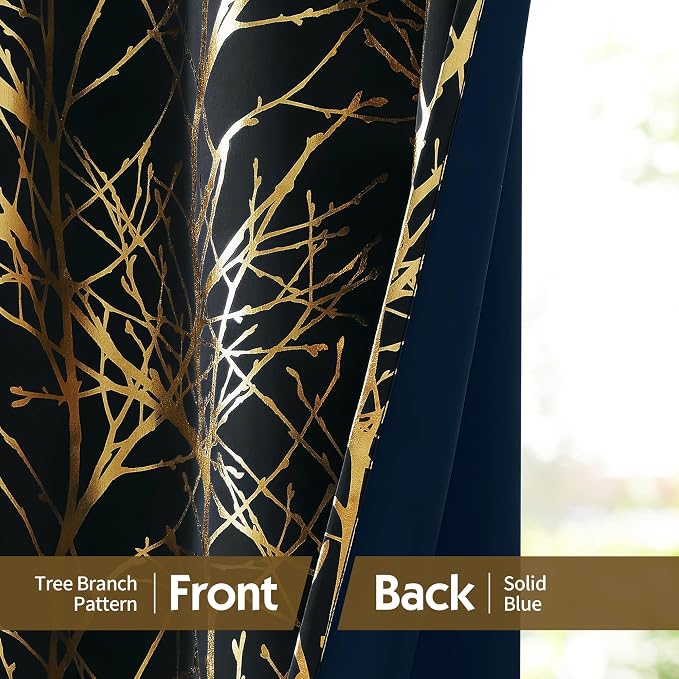 FMFUNCTEX 100% Blackout Black Gold Foil Tree Curtains 96 Inch Long 2 Panels | - Image 5