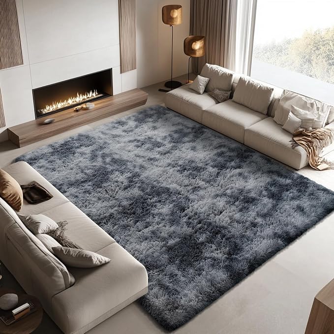 Area Rugs 10x14 for Living Room, Dark Grey Tie-Dyed Large Shaggy Plush Rug | - Image 7