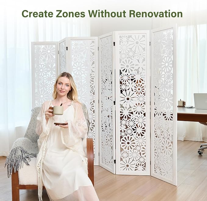 Folding Wood Room Divider Panel, 67 Inch Tall Daisy-Carved Privacy Screen - Image 5