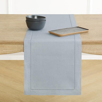 Solino Home Linen Dusty Blue Table Runner 48 Inches - Classic Hemstitch, 100% Pure Linen Coffee Table Runner 14 x 48 Inch Ideal for Dresser Tables