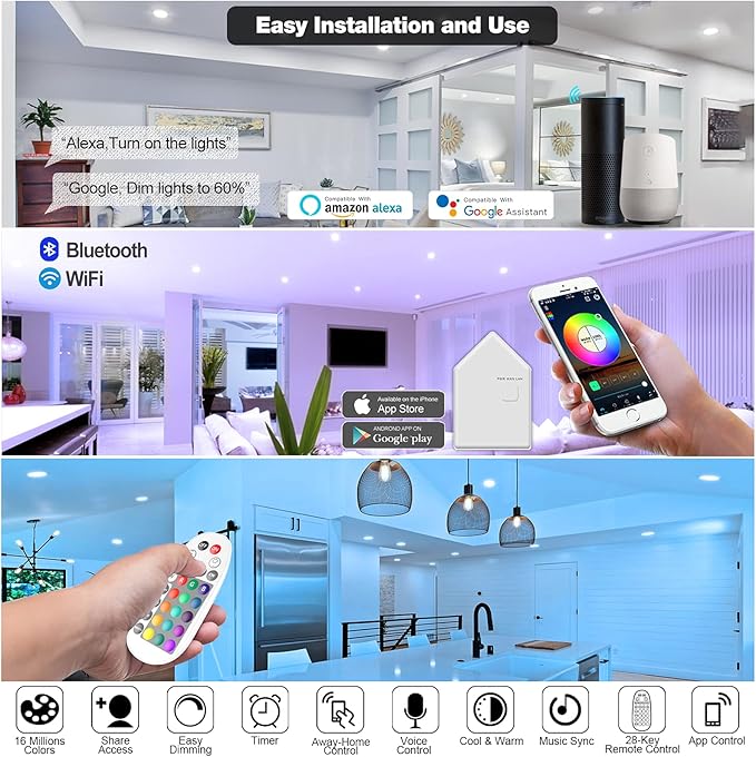 Vanance Smart Recessed Lighting 3 Inch, Dimmable, Tunable 2700K~6500K, CRI80+, RGB Color Changing LED Downlight Compatible with Alexa Google Home, Remote Control Small Canless Light, 8Pack