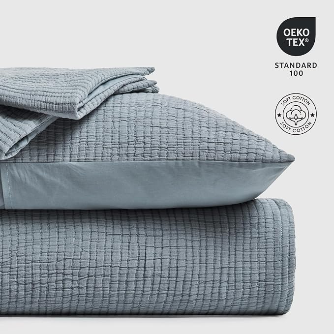 EVERGRACEHOME Cotton Gauze Matelassé Coverlet, King Size, Dusty Blue | Ultra - Image 8