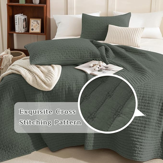 CozyTide Oversized King Quilt 128"x120", Stone-Washed Cotton Dark Green - Image 3