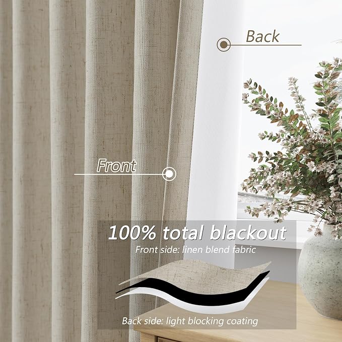 100% Blackout Linen Curtains for Bedroom 96 inches Long 8 FT, Thermal Insulated - Image 4