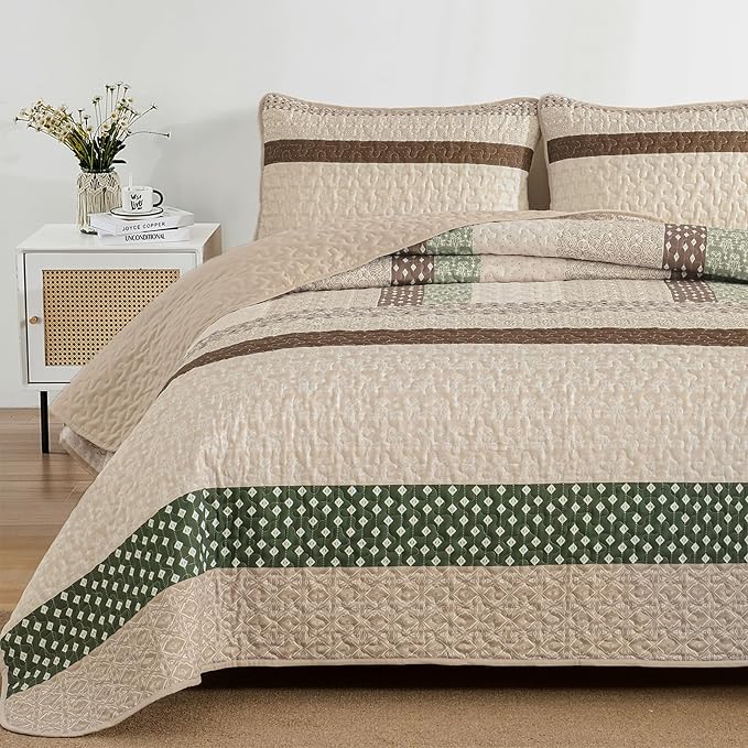 WONGS BEDDING Khaki Quilt King Size, Soft Stripe Bedspreads | Reversible - Image 3