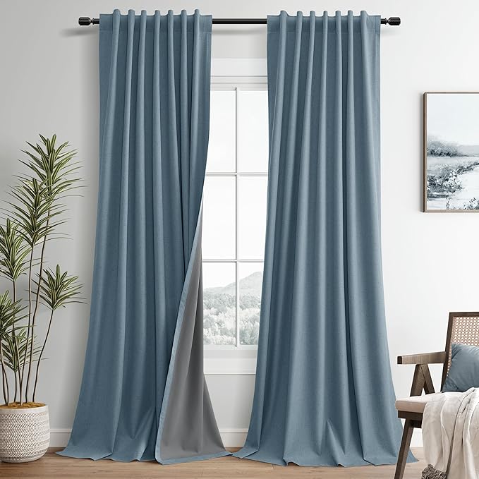 Blue Linen 100% Blackout Curtains by Guken