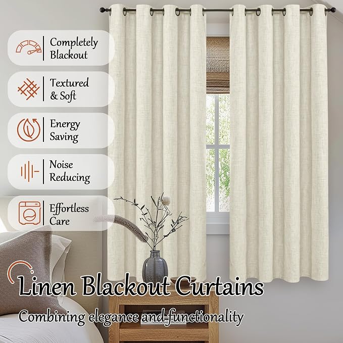 Linen Blackout Curtains 63 Inches Long 2 Panels Each 52 Wide Natural | Thermal - Image 2