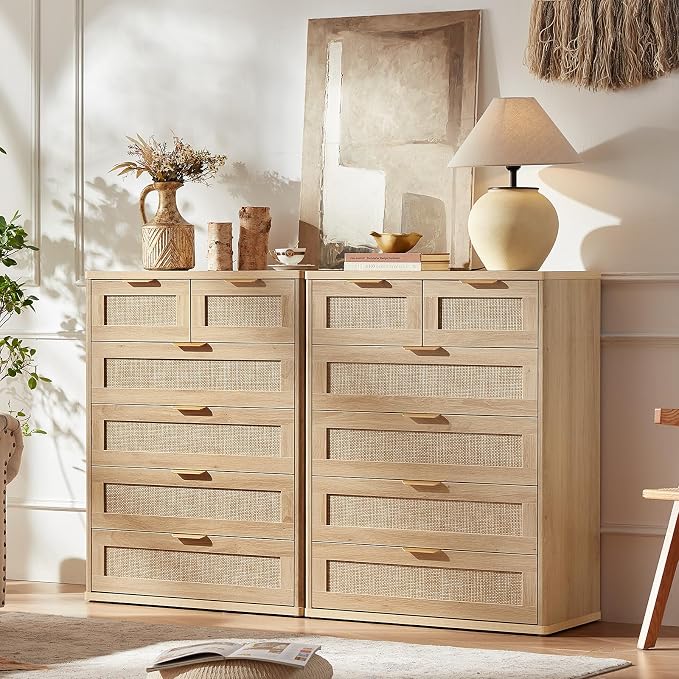 LEYAOYAO Rattan Dresser for Bedroom, Oak Modern 6 Drawers Boho Dressers - Image 2