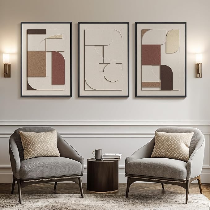 Large 3D Textured Framed Neutral Abstract Wall Art, 3 Piece Modern Minimalist - Image 5