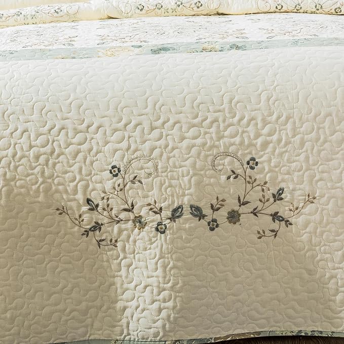 ROOMLIFE Quilt Set Queen Size 3D Floral Embroidery Pattern 3-Piece Cotton | - Image 7