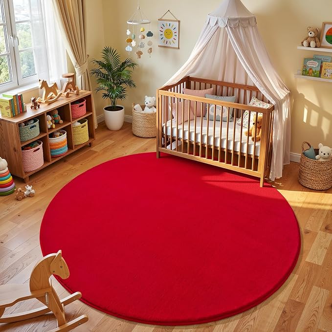 Red Round Area Rug 5ft Washable Circle Rugs - Image 2