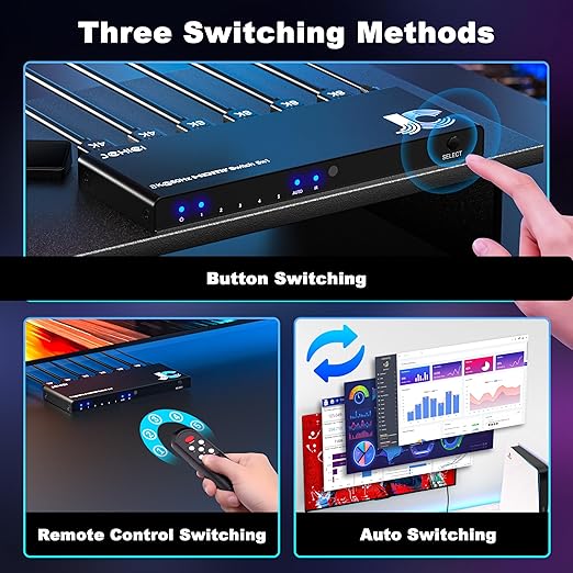 JCHICI HDMI Switch 5 in 1 Out 8K@60Hz 4K@120Hz - HDMI 2.1 Switcher Splitter with Remote, Auto-Switching - Supports HDCP 2.3, HDR10, Dolby Vision, 3D, VRR - Compatible with PS5/Xbox/PC/Blu-ray Player