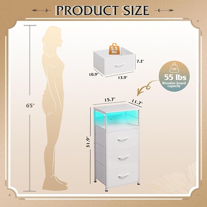 WLIVE Nightstand with Charging Station, 31.9" H Nightstand with 3 Fabric Drawers - Image 3