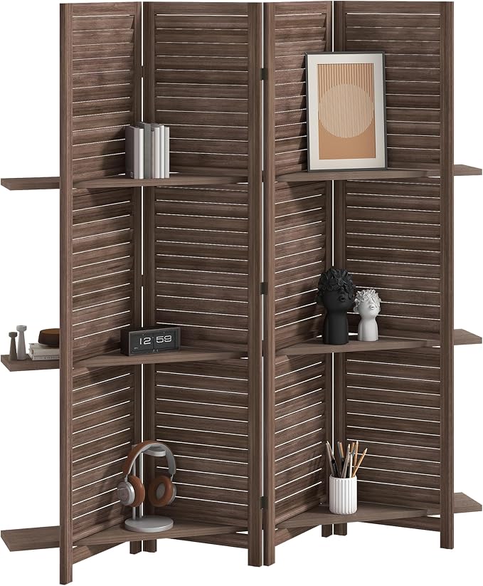 HOMCOM Room Divider with Shelves, 4 Panel, Walnut | Wood Privacy Screen by HOMCOM