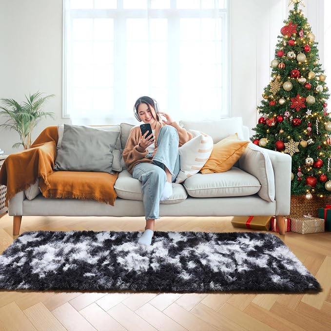 Runner Rugs for Bedroom Living Room, Fluffy Black and White 2x6 Bedside Hallway - Image 8