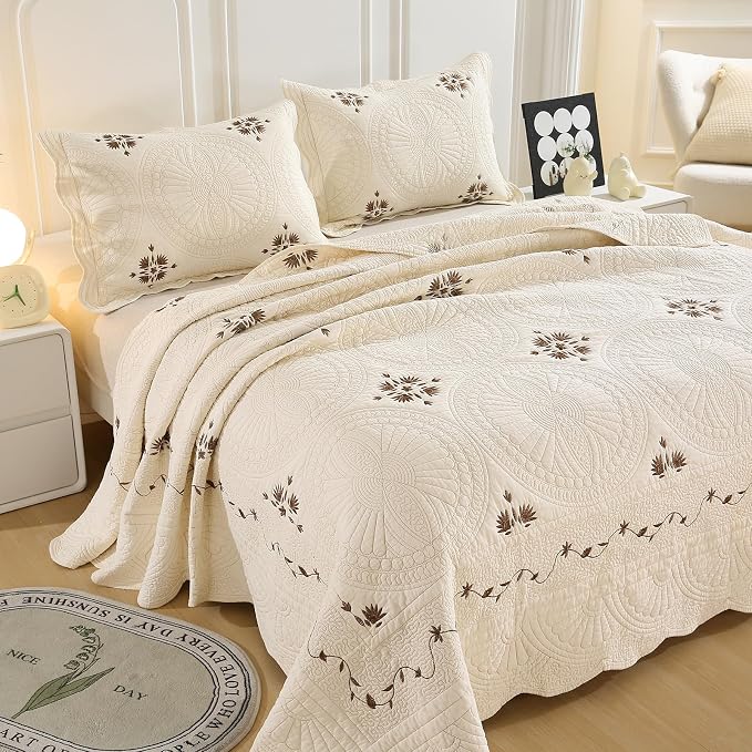 ROOMLIFE Quilt Set Full Size 3D Floral Embroidery Pattern 3-Piece Cotton | - Image 2
