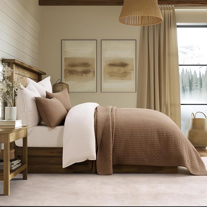100% Cotton Cross Stitch 3-Piece Quilt Set, Camel Brown | 100% Cotton, Elegant - Image 4