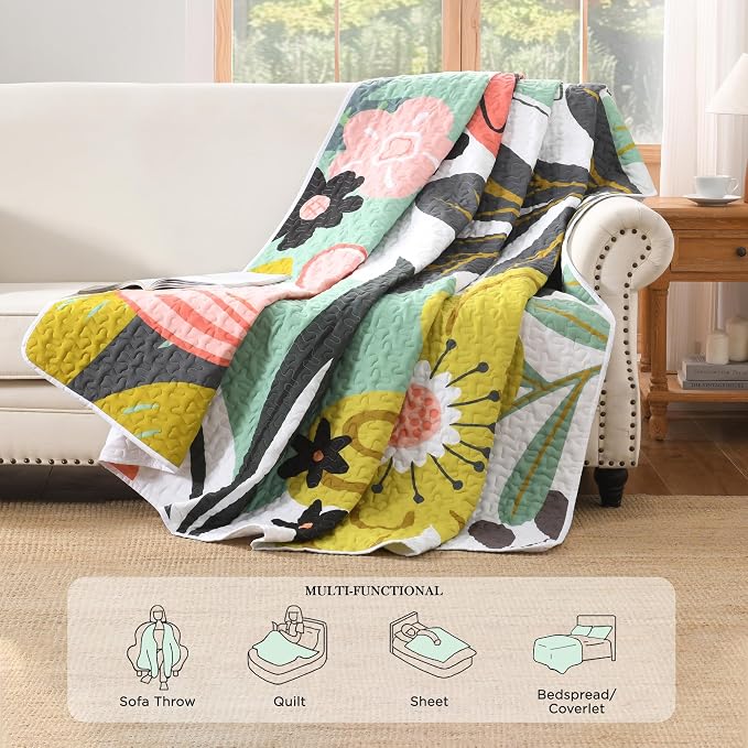 California King Quilt, Cal King Oversized Green Floral Bedspread | 3 Pieces - Image 4