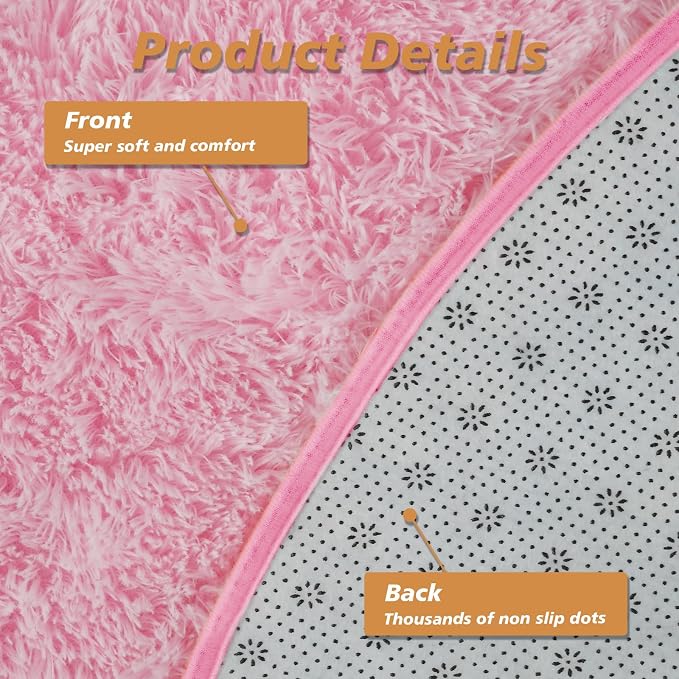 Pink Round Shag Area Rug for Bedroom, Washable Fuzzy Carpet for Room Boys Girls - Image 4
