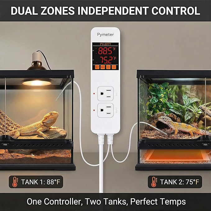 Pymeter 2 in 1 Digital Temperature Controller Dual Outlet Heat Mat Thermostat Reptile Greenhouse Heater Home Brewing Freezer Cooling Heating Pad Control 16A 1920W