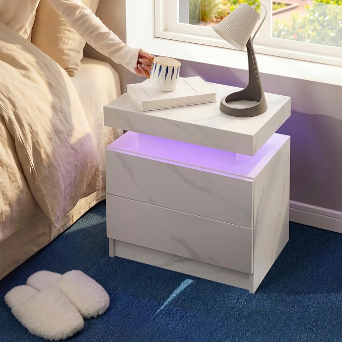 LED Nightstand with Wood 2 Drawers Modern Bedside Table - Image 5