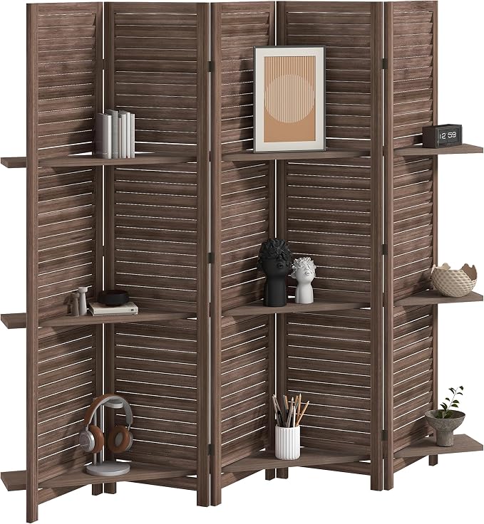 HOMCOM Room Divider 5 Panel 67" Tall Wood Privacy Screen Walnut | 3 Display by HOMCOM