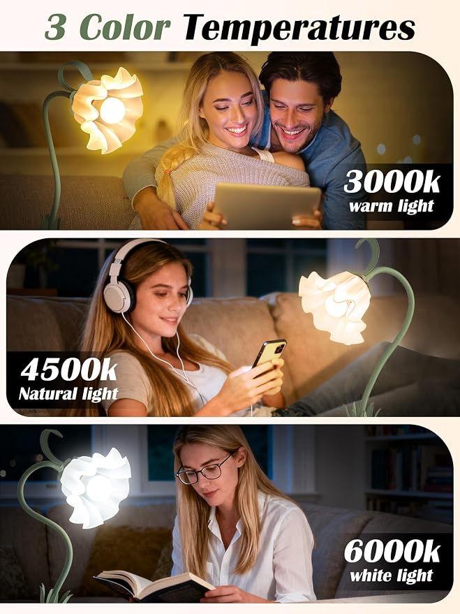 Clip on Light Flower Desk Lamp, LED Reading Light 3 Color Modes Eye-Caring Book - Image 2