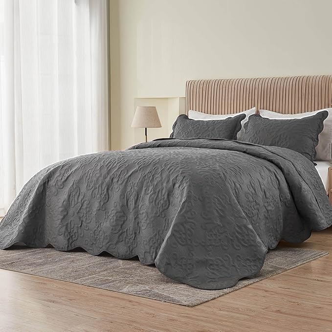 Kingnex 106x96 King Size Lightweight Bedspread Coverlet Set Dark Grey | 3 Pcs by Kingnex