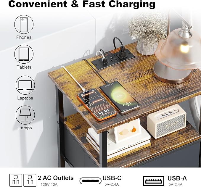 Side Table with Charging Station, Nightstand with Adjustable Fabric Drawer - Image 3