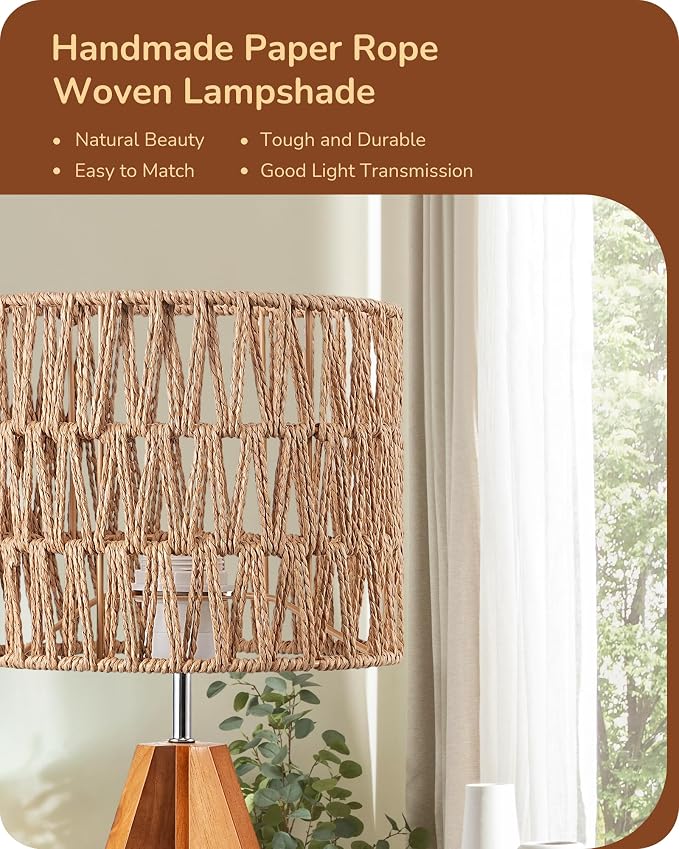 EDISHINE Rattan Small Table Lamp, Boho Nightstand Lamp, E26 Base | Natural Style - Image 2