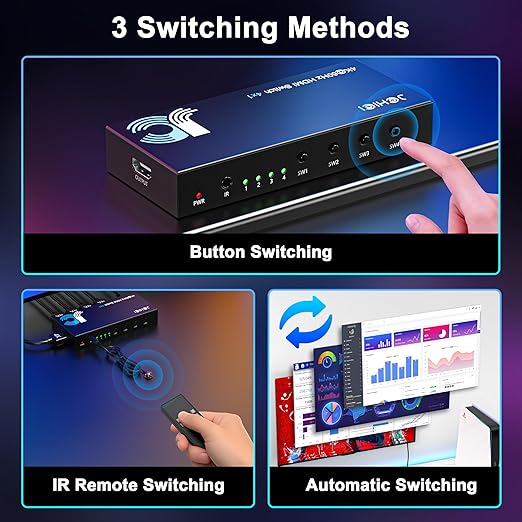HDMI Switch 4 in 1 Out 4K@60Hz, 4 Ports HDMI Switcher Splitter Selector with Remote, Support HDCP 2.2 HDR 10+ Dolby Vision/Atmos 18Gbps CEC for Apple TV Game PC PS4 5 Pro Xbox Roku