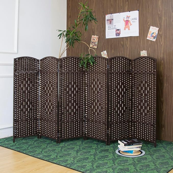 6 Panel Dark Brown Rattan Room Divider, 47.2" Low Height Double-Sided Folding - Image 4