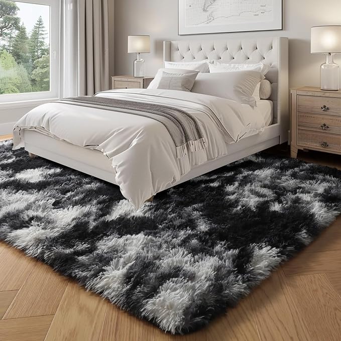 Black White Grey Rugs for Living Room 5x8, Shag Fuzzy Fluffy Rectangular Rugs - Image 5