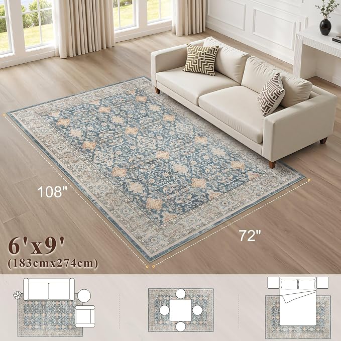 cotiled 6x9 Area Rug for Living Room, Traditional, Dark Blue | Soft Distressed - Image 2