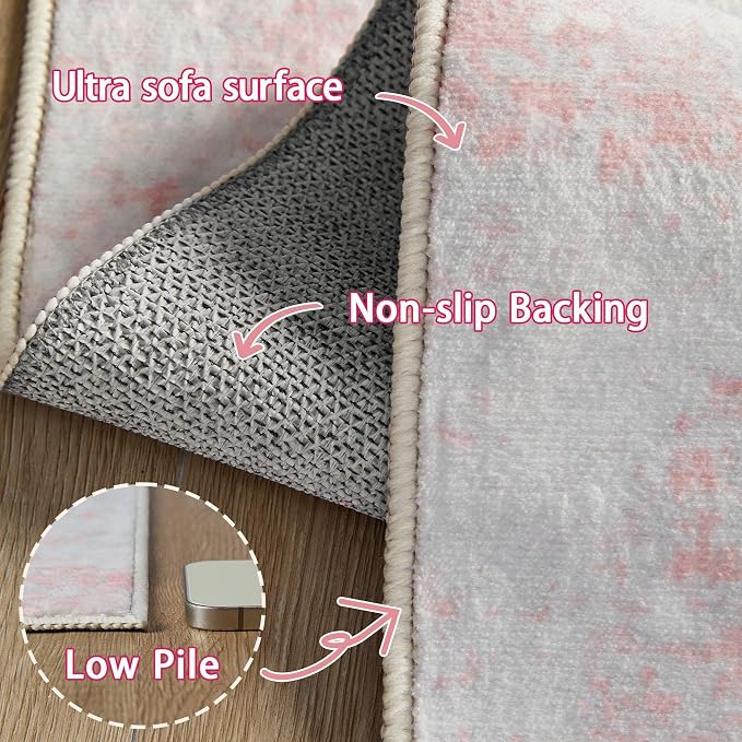 Latte&Fog Washable Entryway 2x3 Pink Area Rug Modern Abstract Kitchen Rug | Low - Image 8