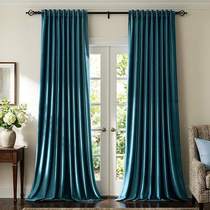 Elegant Peacock Blue Velvet Curtains 102 inches by PRIMROSE