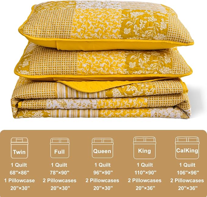 Mybedsoul Yellow Boho Quilt Set Full Size, 3 Pieces Plaid Floral Bedspread - Image 5