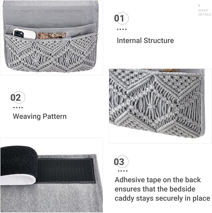 Mkono Macrame Bedside Caddy, Boho Bed Storage Organizer, 4 Pockets Grey | Dorm - Image 4