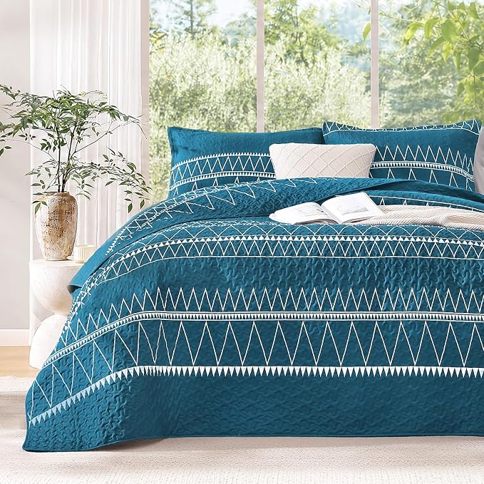 Teal California King Quilt Set, 3 Pieces Boho Striped Bedspread | Soft - Image 2