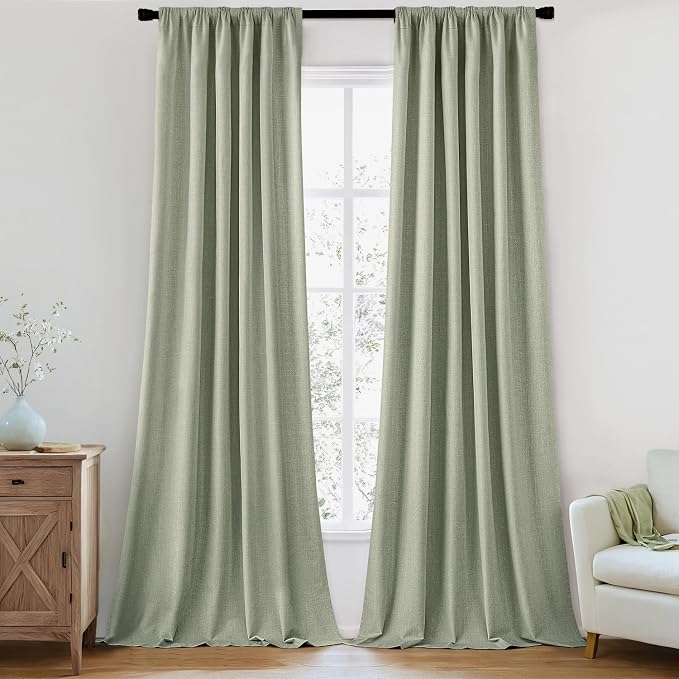 MIULEE 100% Blackout Back Tab Pleat Linen Curtains 50" Wx120 L, Sage Green | 2 by MIULEE