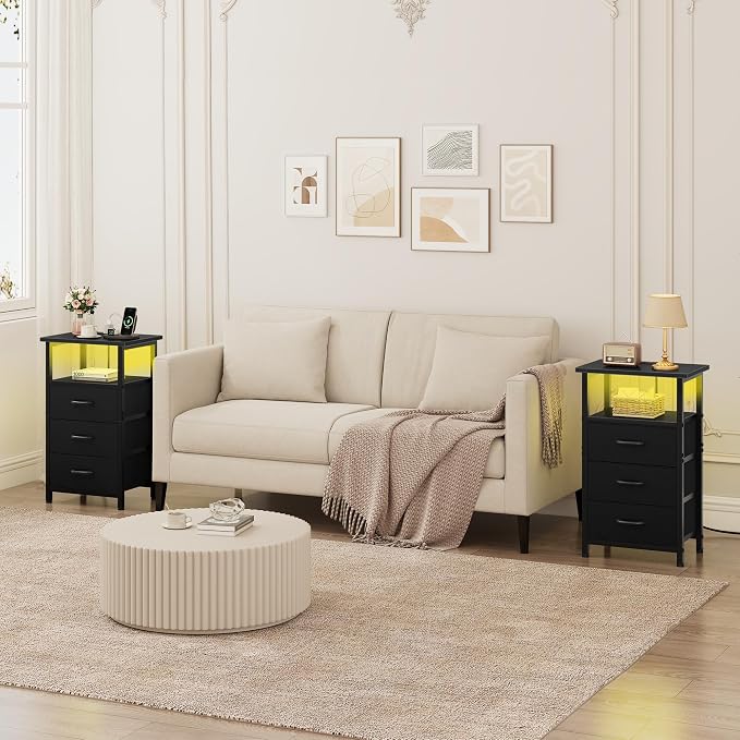 Night Stand Set 2 with Charging Station, LED Nightstand - Image 2
