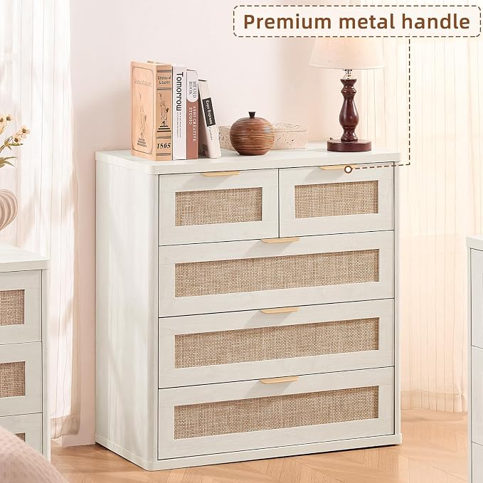 LEYAOYAO Rattan Dresser for Bedroom, 33.5" Small Chest of Drawers | Gold Metal - Image 5